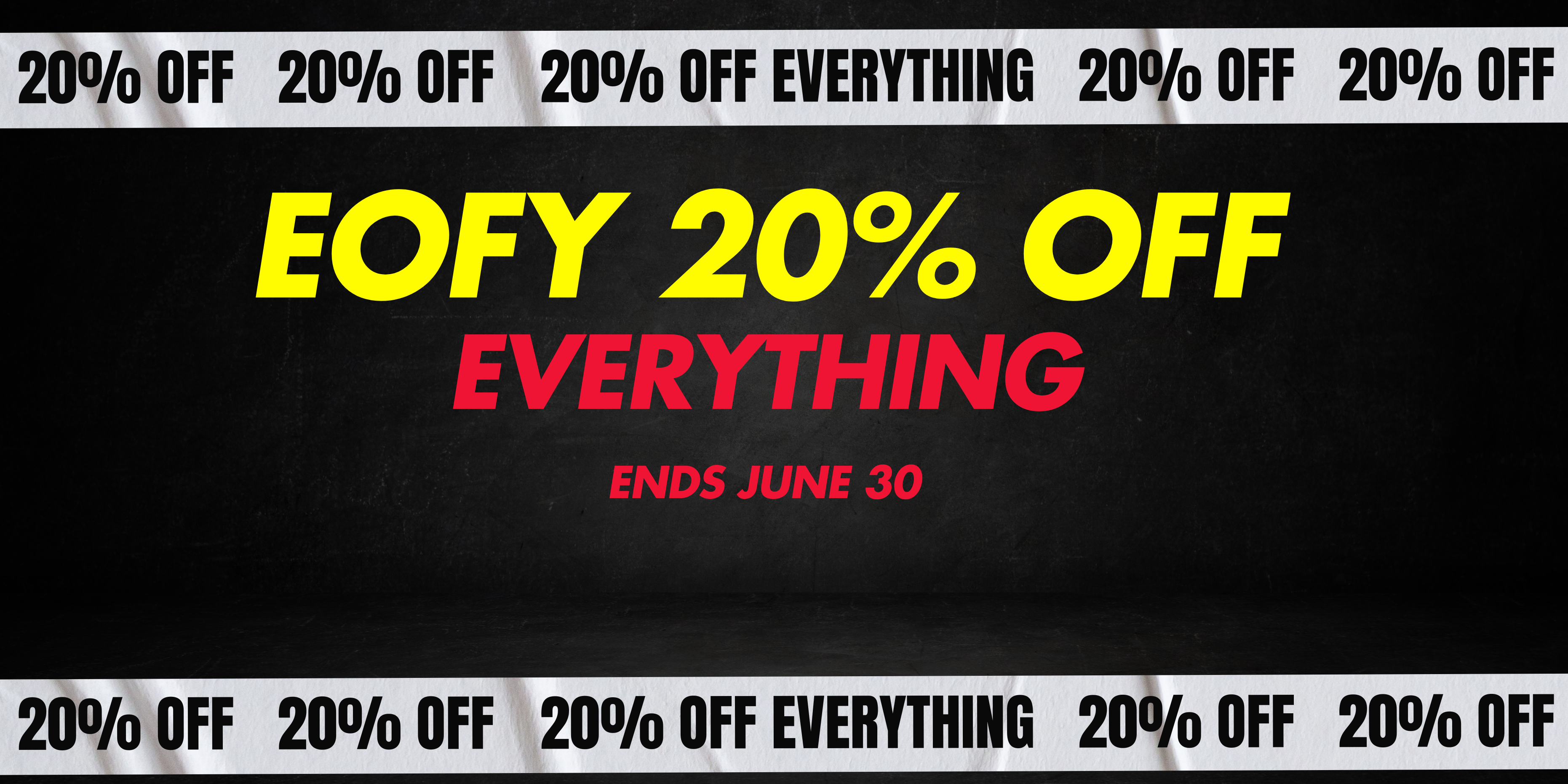 Promotional banner with '20% OFF EVERYTHING' text on a black background